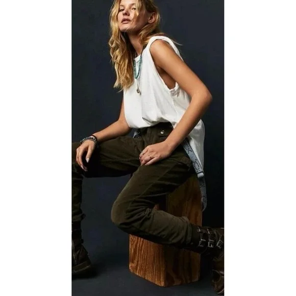 Free People Olive Green Boho Kyo Corduroy Carpenter Utility Pant 2 High Rise - Picture 1 of 9
